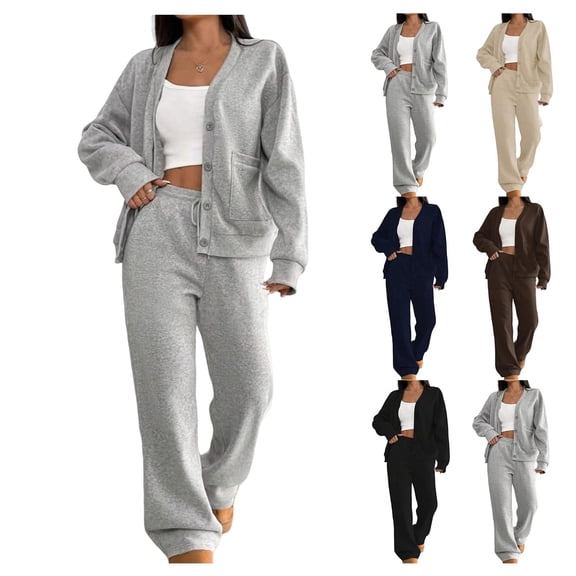 Dazajoo Womens 2 Piece Lounge Sets Button Down Cardigan Matching Elastic Waist Wide Leg Drawstring Pants Set Fall Winter Outdoor Y2K Sweatsuits,Beige,XXL
