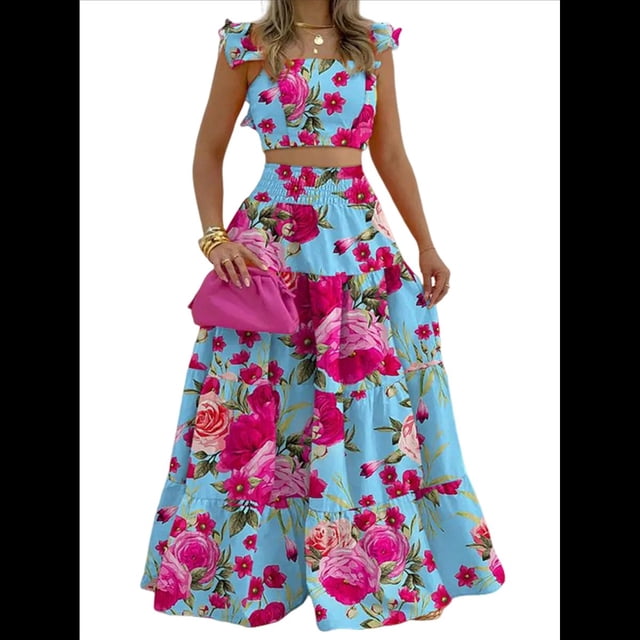 Conjunto de 2 Piezas para Mujer: Top Corto con Tirantes Finos y Falda Larga con Volantes y Cintura Fruncida Flores Rosas XXL