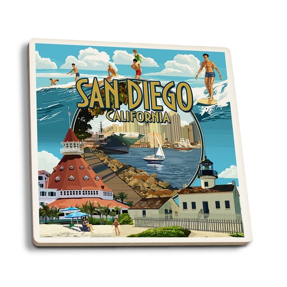 San Diego, California, Montage (Absorbent Ceramic Coasters Set of 4 Matching Images, Cork Back, Kitchen Table Decor)