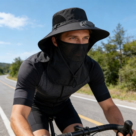 Solar Fan Hat Men Wide Brim Sun Protection Hat with Built-in Cooling Fan Outdoor Fishing Hiking UV Protection Summer Cap(Black)