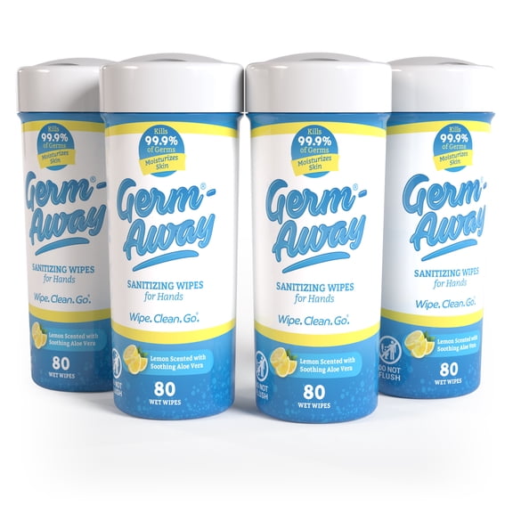 Germ-Away Sanitizing Hand Wipes Canister, Fits Cup Holder, Lemon Scent, 80 Count Each, 4 Pack, Travel, Car & On-the-Go