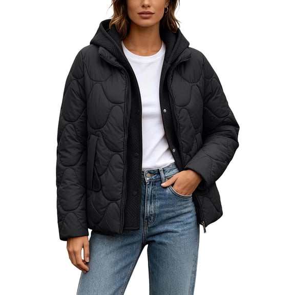 ClodeEU Women's Zip Up Hooded Long Sleeve Quilted Jacket, Casual Faux Two Piece Padded Outerwear with Pockets ,Women's M-3XL