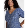 thumbnail image 3 of Terra & Sky Women's Plus V Neck Midi Dress with Short Puff Sleeves, Sizes 0X-5X, 3 of 4