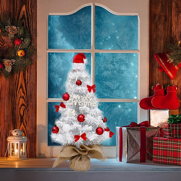 Mini Árbol de Navidad de 17,7 Pulgadas, Blanco, Iluminado, con Luces Led Cálidas y Adornos, Funciona con Pilas, Pequeño Adorno Navideño para El Hogar, La Oficina y La Mesa.