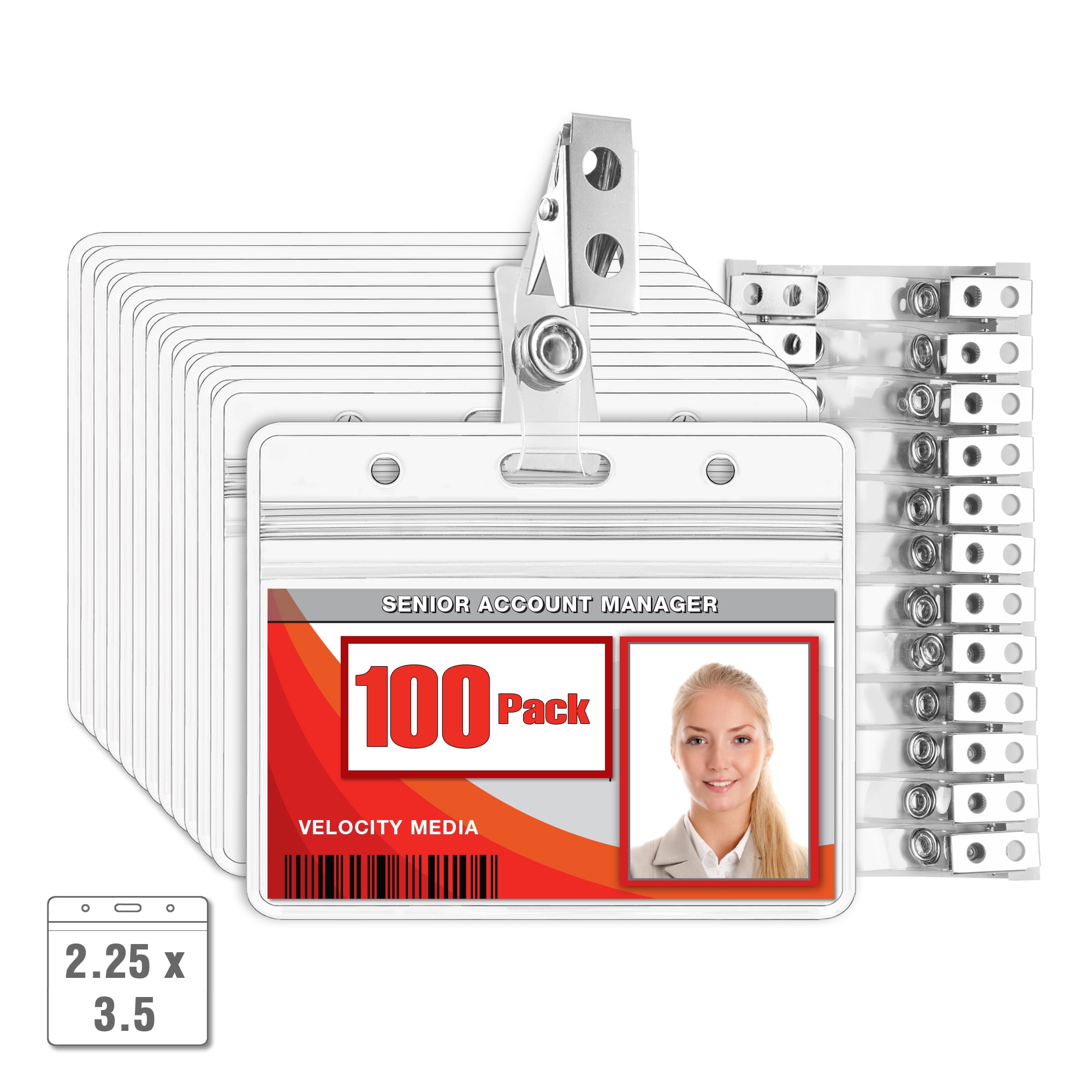 Mifflin 2.25" x 3.5" Clear Horizontal ID Badge Holders with Metal Clips