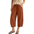 thumbnail image 4 of Josdec Women's Plus Size Casual Cropped Pants Wide Leg Barrel Elastic Drawstring High Waist Capri Trousers with Pockets for Summer Spring Fall, 4 of 9