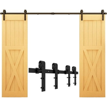 CCJH 8FT Heavy Duty Sturdy Sliding Barn Door Hardware Kit for Double Door, Easy to Install,Slide Smoothly and Quietly, Fit Double 24" Wide Door (J Shape Hanger)