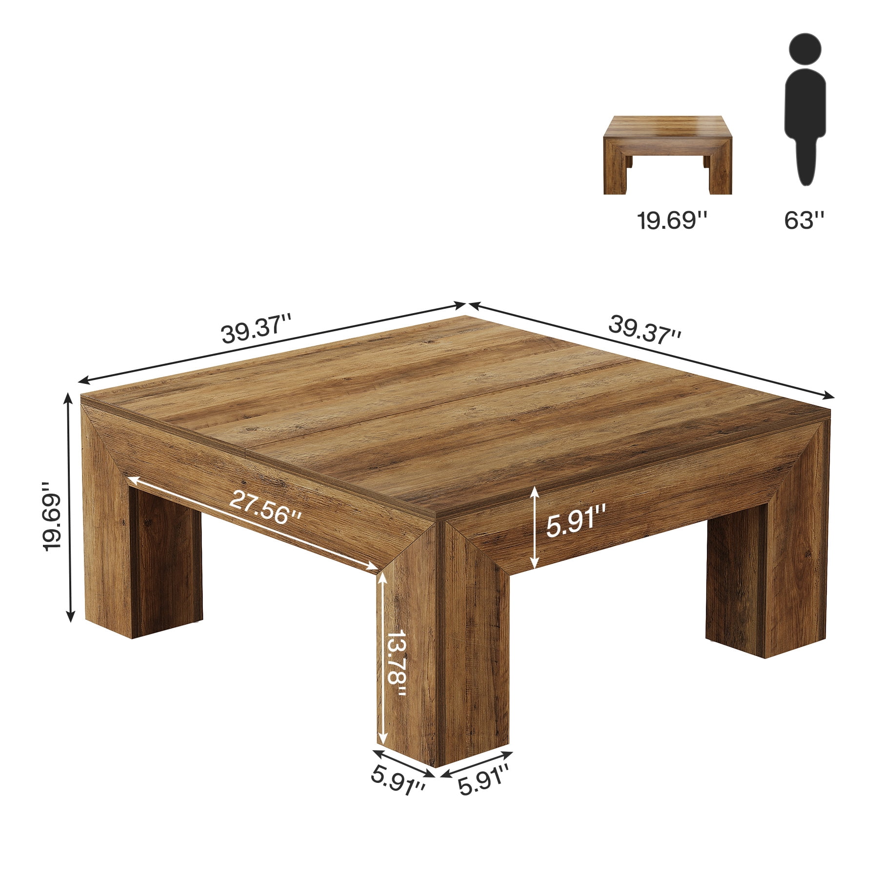 Fnova 39.4" Square Coffee Table, Farmhouse Wood Accent Center Cocktail Table with Sturdy Wooden Legs for Living Room, Easy Assembly