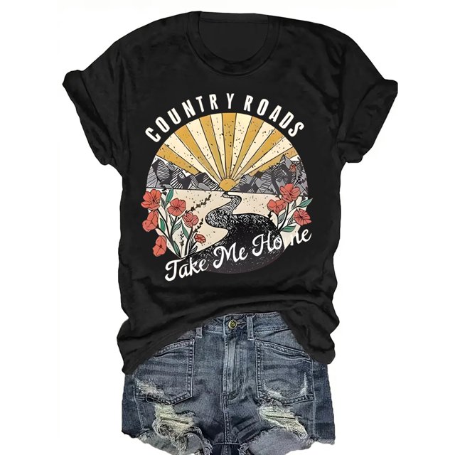 Women's "COUNTRY ROADS Take Me Home" Graphic Tee - Red Short Sleeve Crew Neck, Casual Top with Sunrise & Floral Print Design, Machine Washable, Casual Wear|Graphic Tshirt|Stretchy Material