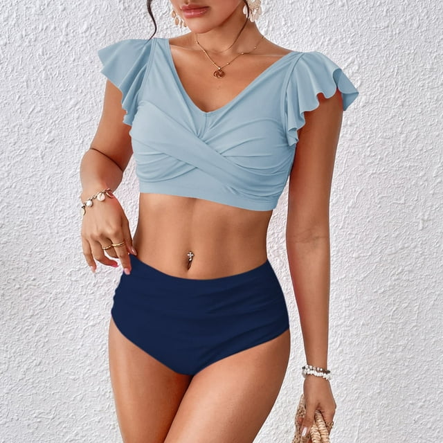 Trajes de baño para mujer, Trajes de baño para mujer, Traje de baño ajustado de cintura alta con cuello en V, mangas con volantes y abertura, Conjunto de traje de baño para mujer
