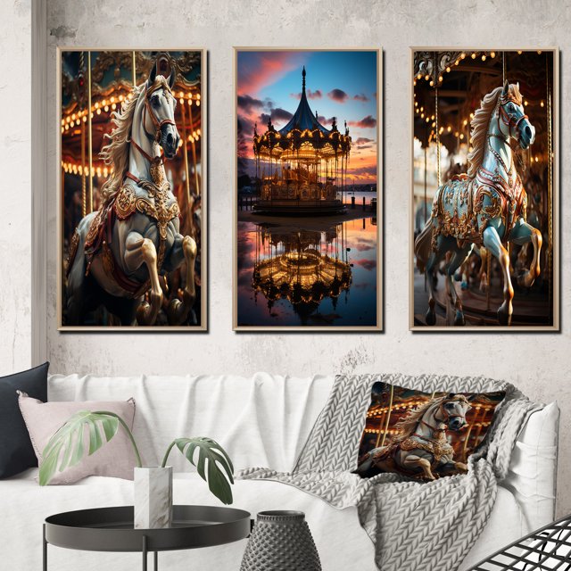 Designart "A Celebration of Carousel s Timeless Charm" Cityscapes Framed Wall Art Set Of 3 - Multi-Color Carousel Frame Canvas Set For Living Room Decor