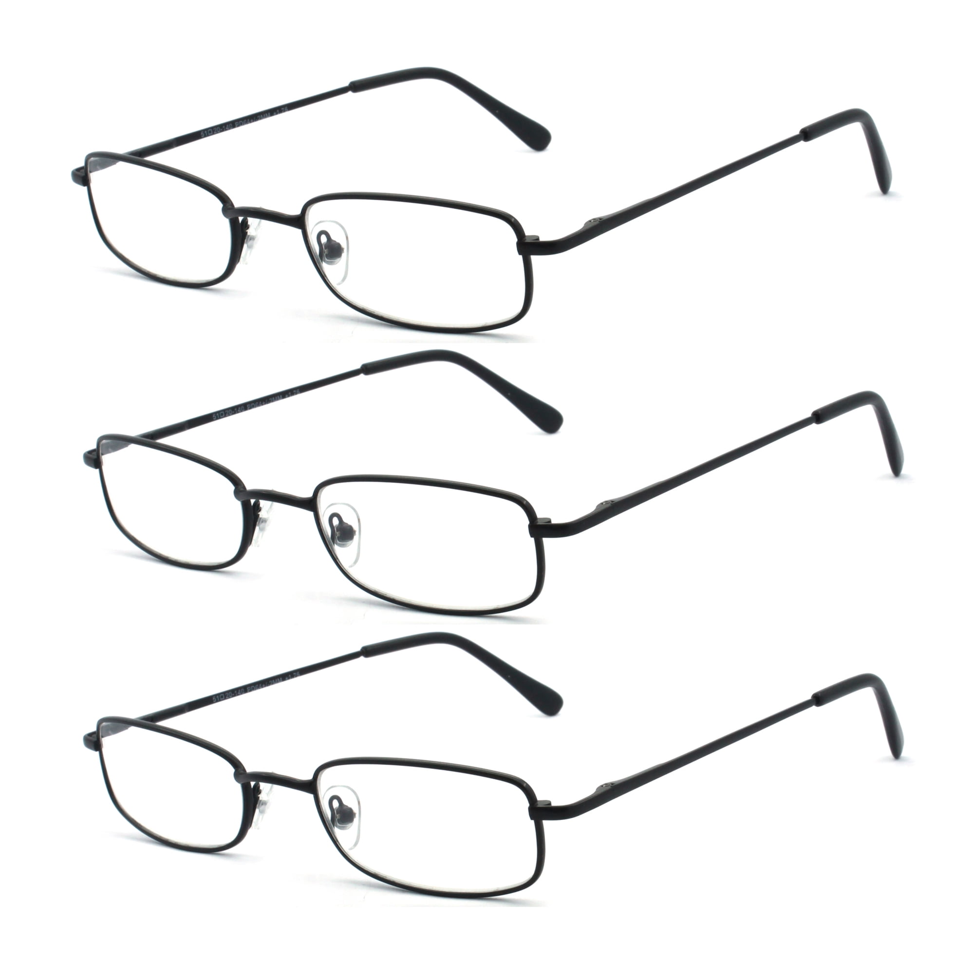 EYE ZOOM 3 Pack Classic Spring Hinges Rectangular Metal Reading Glasses for Men and Women, Black, +1.25 Strength