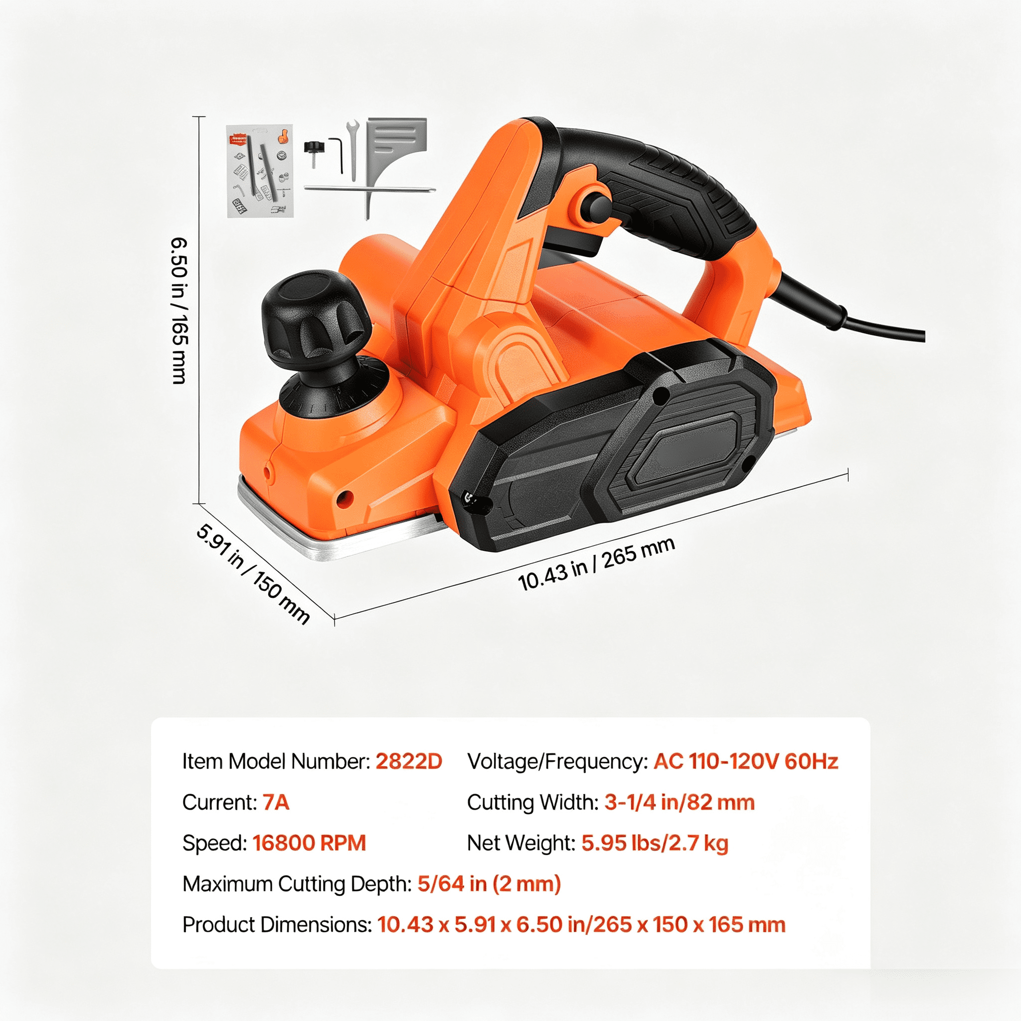 Electric Hand Planer with 3-1/4" Planing Width, 5/64" Depth, Adjustable Knob, Chamfering Groove, for Woodworking DIY Projects