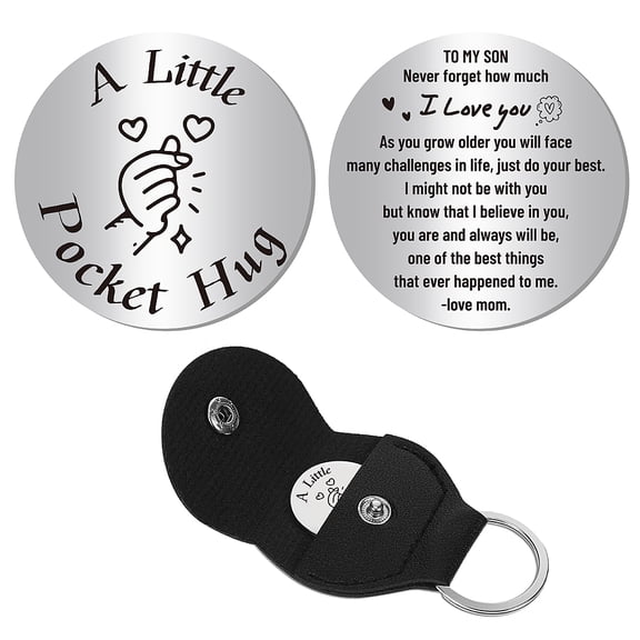 A Little Pocket Hug Token Long Distance Relationship Keepsake Stainless Steel Double Sided Inspirational Gift with PU Leather Keychain for Friends Family Son 1.2 x 1.2 Inch-to My Son