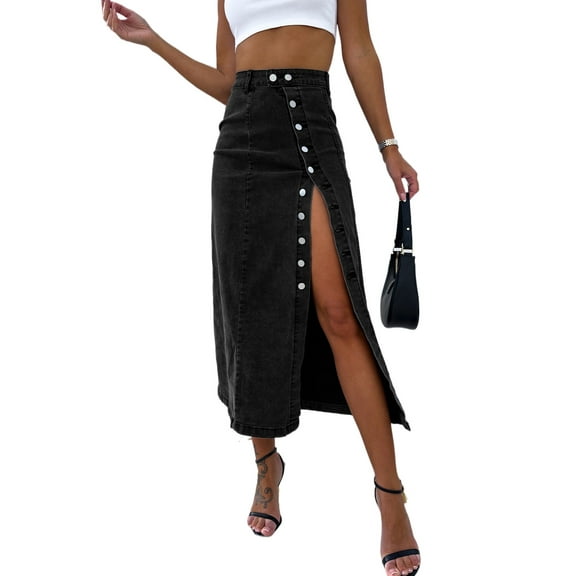 Women's Black High Waist Denim Midi Skirt with Button Fly and Side Split | [ZhiHiMeRi] | (US 12-14)L