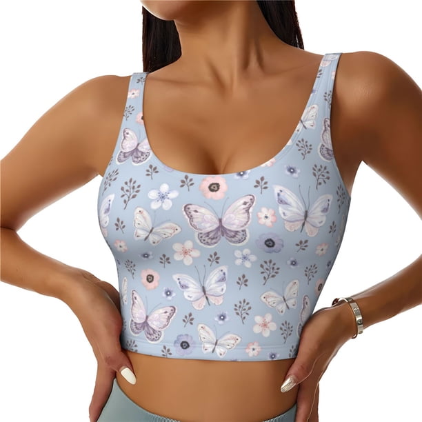 Balery Blue Butterfly Sujetadores deportivos con espalda cruzada para mujer, acolchados, sin costuras, de alto impacto, ideales para yoga, gimnasio, entrenamiento y fitness.-