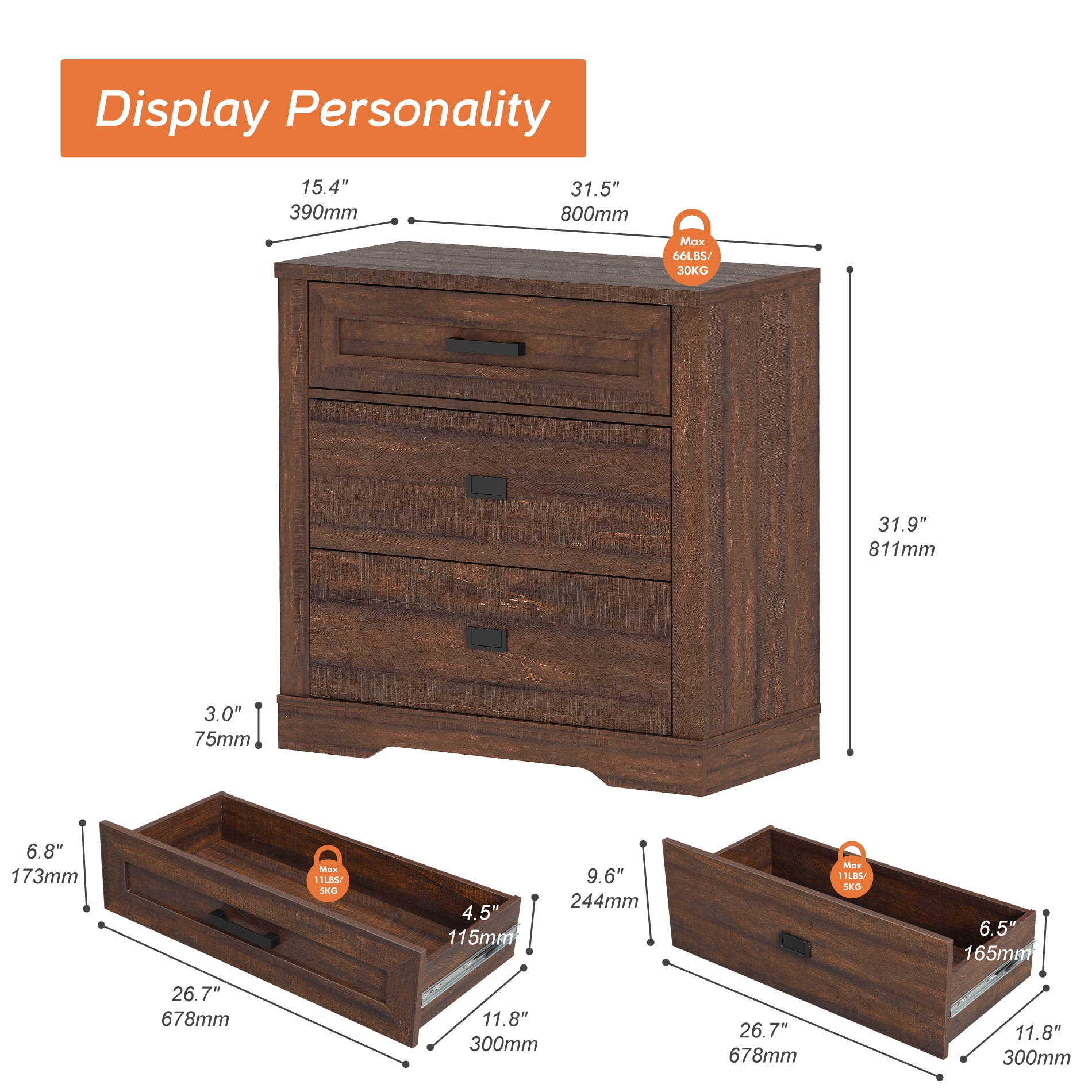 WAMPAT 31.5 inch Wide Large Nightstand for Bedroom, 32" Tall Oversized Modern Farmhouse Bedside Table with Large Drawers,31.5" W x 15.4" D x 32" H,Dark Brown