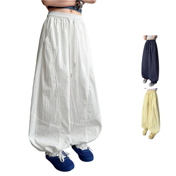 SGMVNU Girls Baggy Cargo Pants Casual Parachute Trousers Drawstring Lightweight Loose Sweat Pants with Pockets, Size 5-6 Years, White