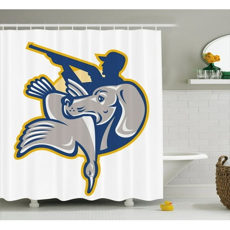 Hunting Shower Curtain Retriever Dog With Goose Duck Hunter Hunting Shower Curtain Retriever Dog With Goose Duck Hunter Shooting Shot Retro Style