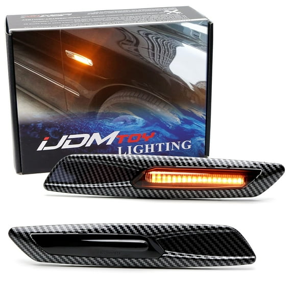 F10 Style Large Twill-Weave Carbon Fiber Pattern Plated Full LED Strip Fender Turn Signal Side Marker Light Kit For BMW 1 3 5 Series X1, Replace OEM Sidemarker Lamps