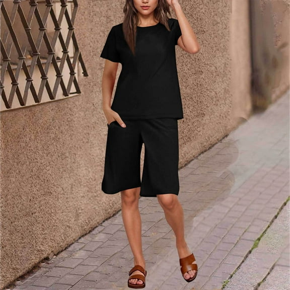 Sevevn Women's Fashion Leisure Solid Color T-shirt Shorts Two-piece Set Beach Vacation Clothes for Women Black L
