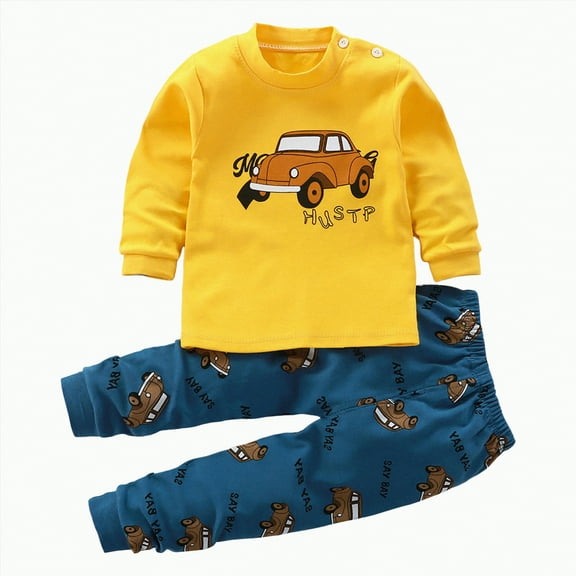 TOWED22 Toddler Boys Pajamas Girls Pjs Sets Dinosaur Animals Cotton Train Cartoon Sleepwear Fall Winter Clothes Set Kids Sleepwear Pajama Sets,2-Piece Yellow,5-6 Y