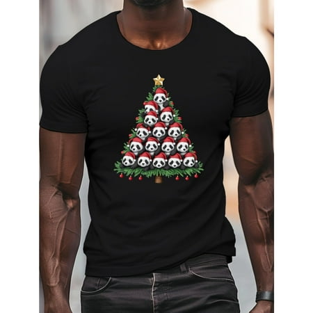 Panda Christmas Tree Tee Geometric Holiday Design T Shirt Crew Neck Comfort Top Summer Fit Black S-5XL