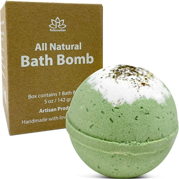 Organic Spearmint Bath Bomb with Essential Oils and Relaxing Bath Salts, Moisturizing Coconut Oil, for Women and Men Handmade in USA by Relaxcation