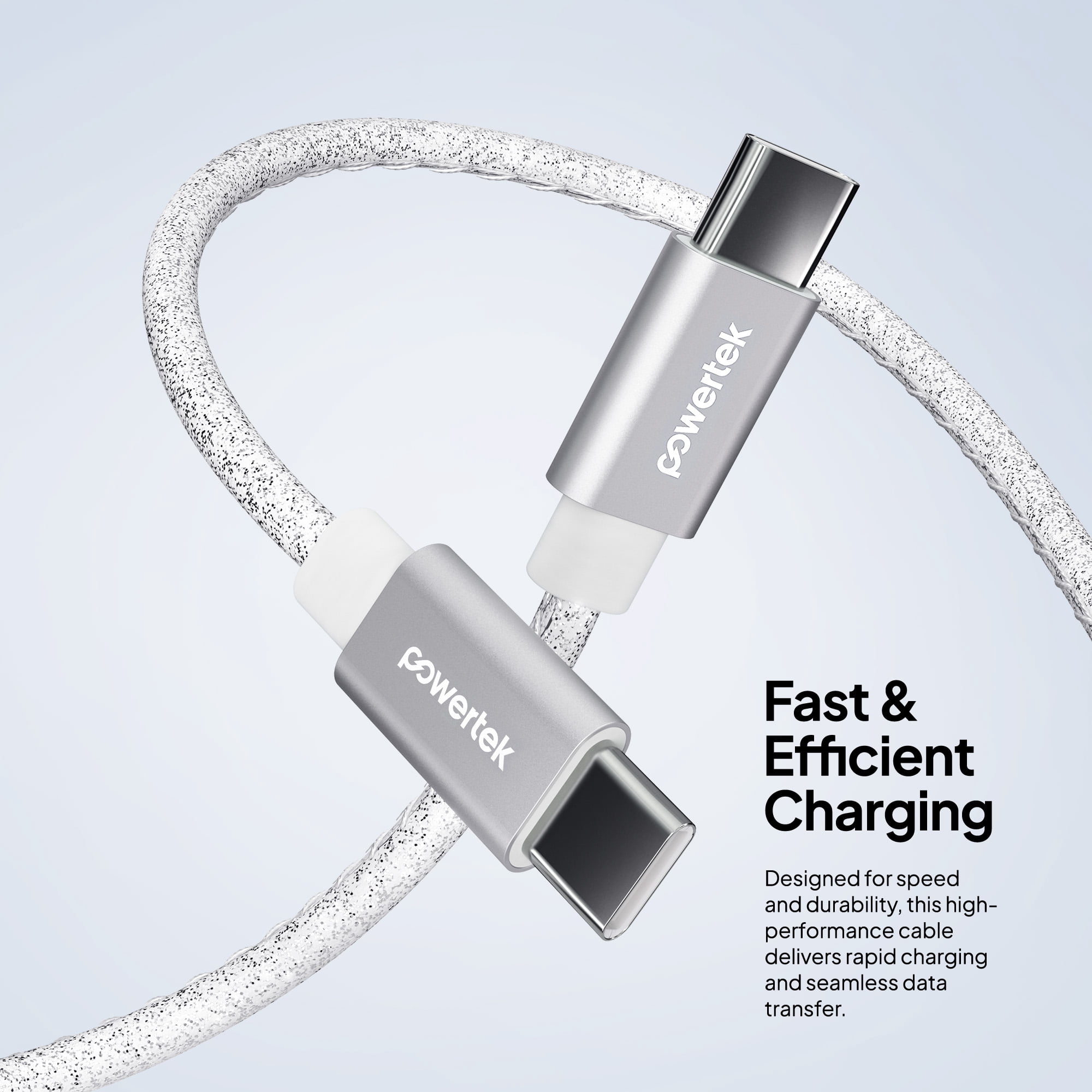 Powertek USB-C to USB-C Cable, Fast Charging Type-C Charger Cord, Durable Tangle-Resistant Sync Cable, White Glitter, 6FT
