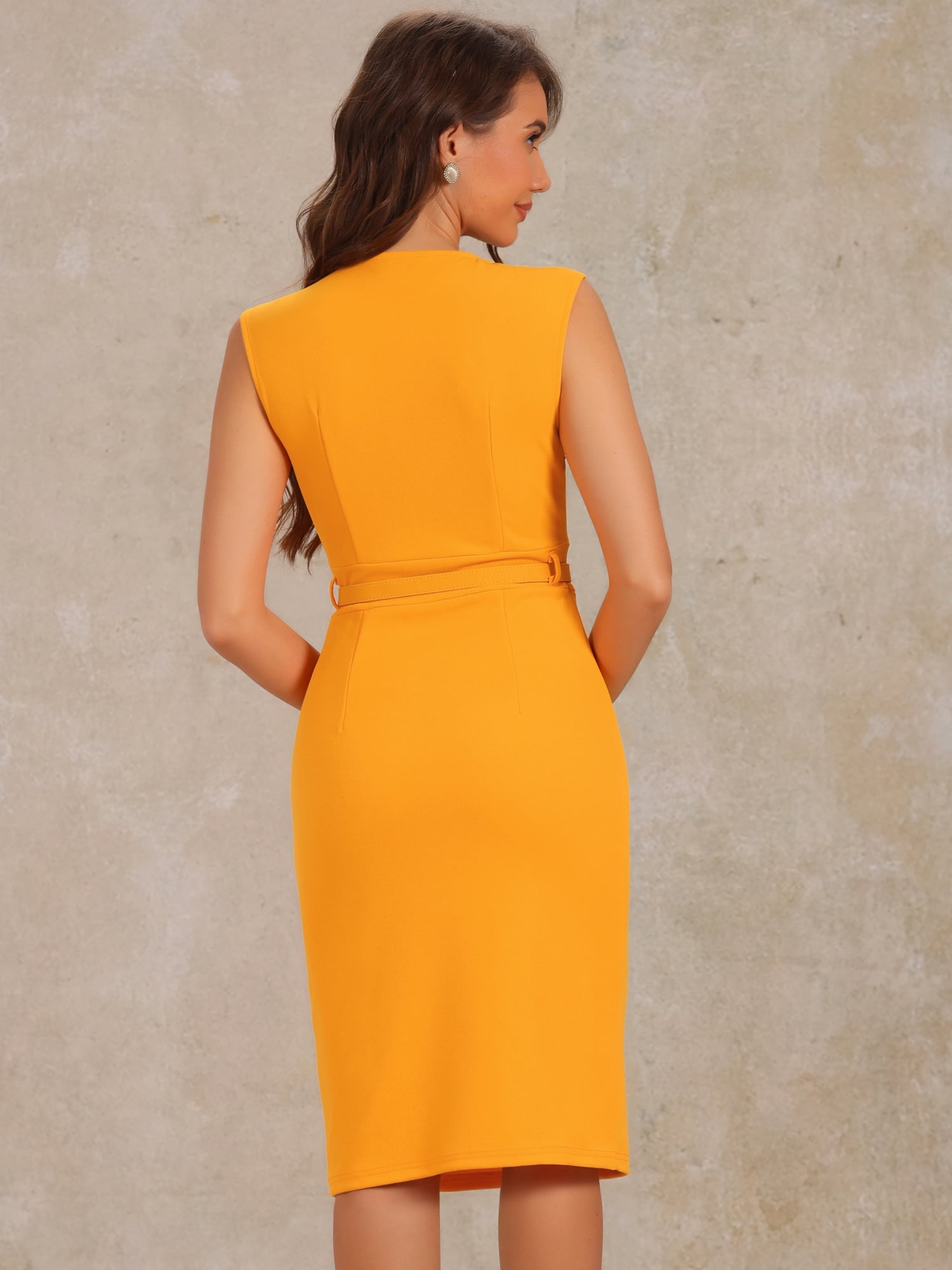 DARING DIVA Pencil Sleeveless Wrap V Neck Belted Office Dresses S Bright Orange