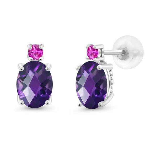 Gem Stone King 14k White Gold Purple Amethyst and Pink Sapphire Earrings for Women (2.16Cttw, GemstoneFebruary Birthstone, Oval Checkerboard 8X6MM, Round 2.5MM)