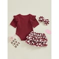 thumbnail image 4 of Suealasg Infant Newborn Girl Valentine's Day Outfits Letter Print Short Sleeve Ribbed Knit Rompers Heart Print Skorts Headband Baby Girls 3Pcs Clothes Set, 4 of 8