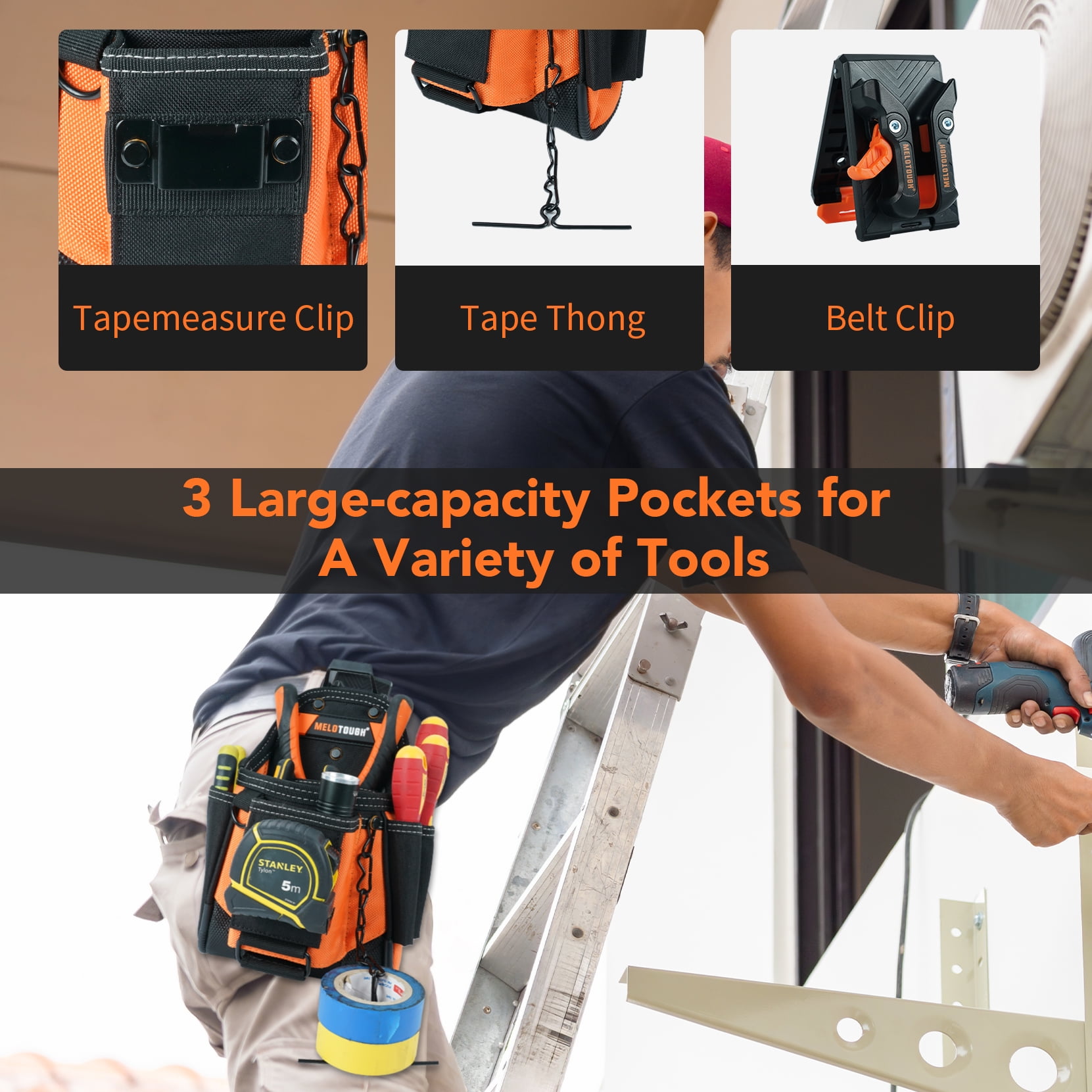 MELOTOUGH Small Electrician Tool Pouch With Belt Clip Attachment - 9 Pockets Tradesman Bag With Tape Thong - Holster for Electricians