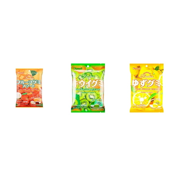 3 Pack Kasugai Gummy Candies, Made in Japan, Gluten Free, Mix 3 Flavor (Assortment,Kiwi,Yuzu) Plus NineChef Brand Long Handle Coffee Spoon