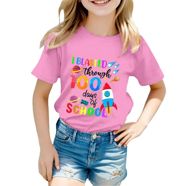 GDREDA Vêtements pour Filles Mode Décontractée Imprimé Col Rond Manches Courtes T-Shirt Haut Mode pour Fille Tendance Rose, 10-11 Ans