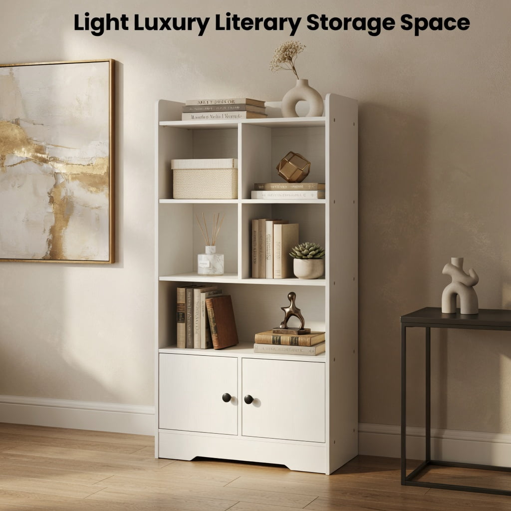 Spaco 4 Tiers Bookshelf with 4 Cubes Display Shelf and 2 Doors-White, Tall Bookshelf, Shelves for Living Room, Home Office, Bedroom, Balcony