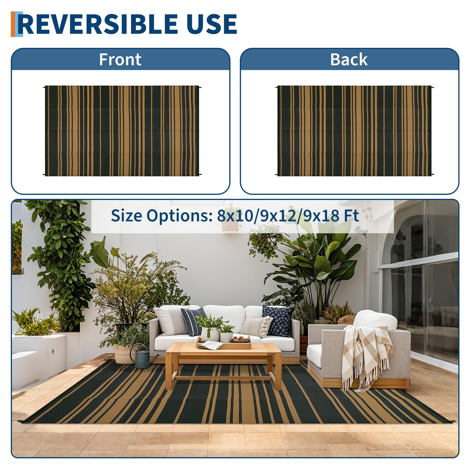 Danolapsi Outdoor Rug Mat for Patio,8x10 Plastic Straw Rug,Waterproof Plastic Straw Mats,Modern Striped Outdoor Camping Rugs for Patio,RV,Porch, Deck,Backyard,Balcony,Camping,Trailer