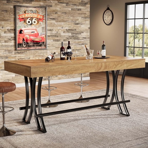 Finmind 63" Tall Bar Pub Table with Metal Footrest, Rectangular Counter Height Kitchen Dining Table, Industrial Home Bar Unit for Entertaining, Freestanding, Rustic Brown