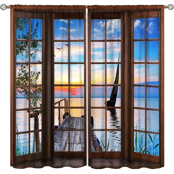 Lake Landscape Curtains, Autumn Natural Scenery Rustic Botanical Reeds Forest Sunset Window Treatment Bedroom Living Room Home Decoration 84x84 Inch