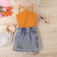 thumbnail image 2 of Child Baby Girls Summer Set Sleeveless Ribbed Vest Tops Cartoon Print Denim Skirt Outfits Set Twins Girls Clothes, 2 of 7