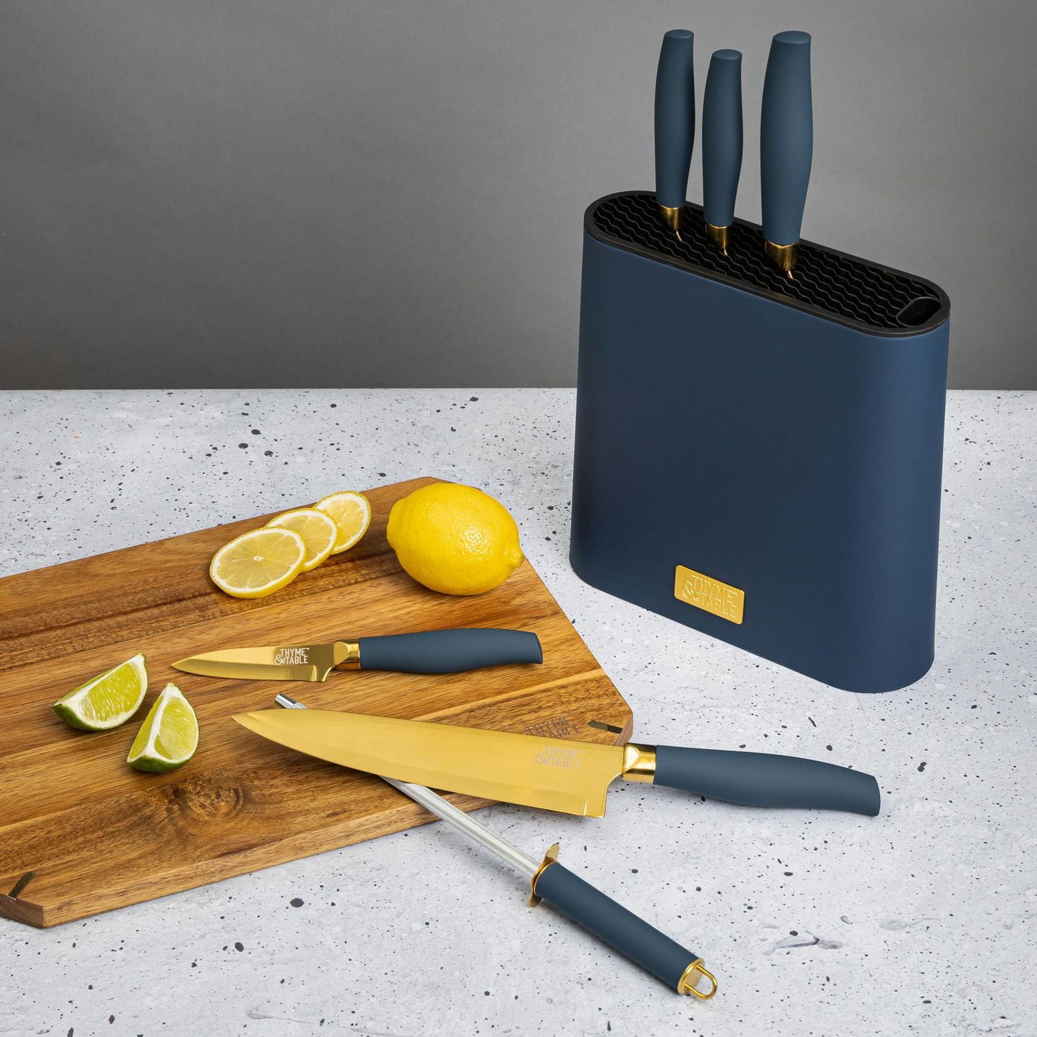Thyme & Table 7-Piece Slim Block Knife Set with Gold Blades and Blue Block