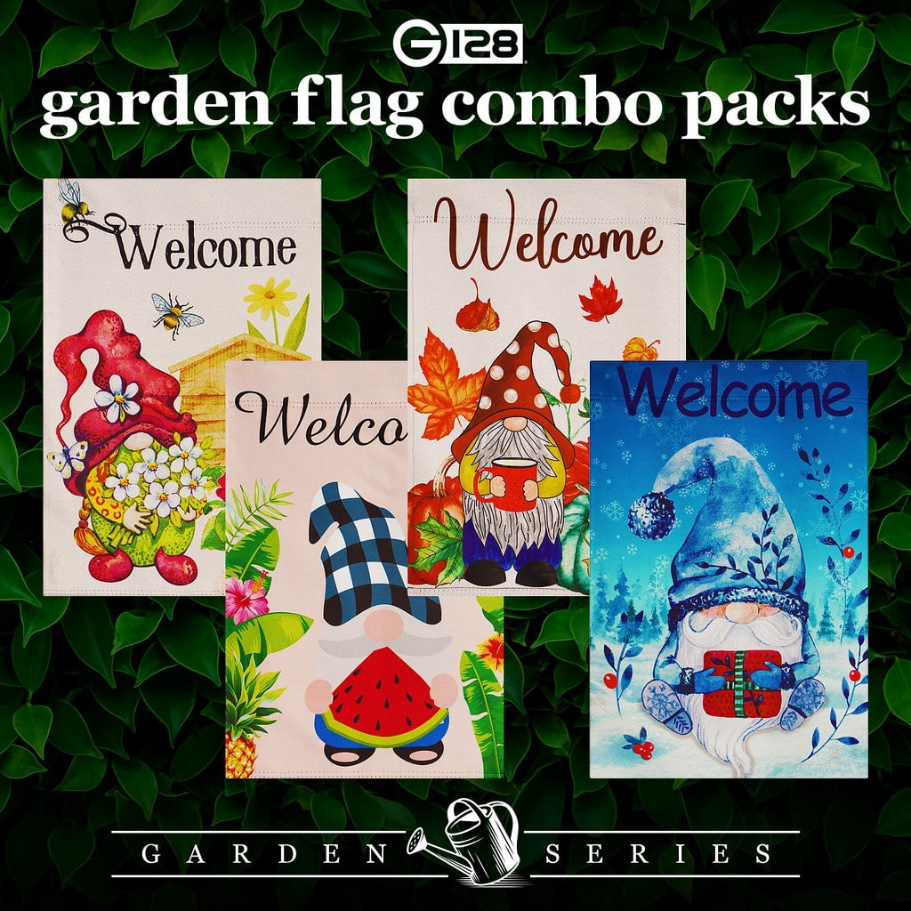 G128 Garden Flags Set of 4 Double Sided 12"x18" Seasonal Gnomes Outdoor Blockout Fabric