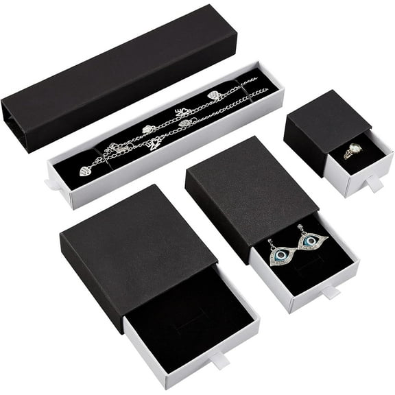 4 Pcs Black Cardboard Drawer Box 4 Sizes Kraft Paper Box DIY Crafts Jewelry Candy Gift Wrapping Boxes with White Drawers for Anniversaries Wedding Christmas Party Favors