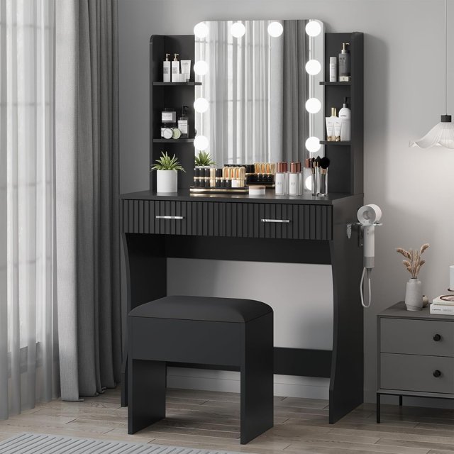 Vanity Desk with Mirror and Lights, Makeup Dressing Table with Power Outlet, Stool, 2 Drawers & 6 Shelves