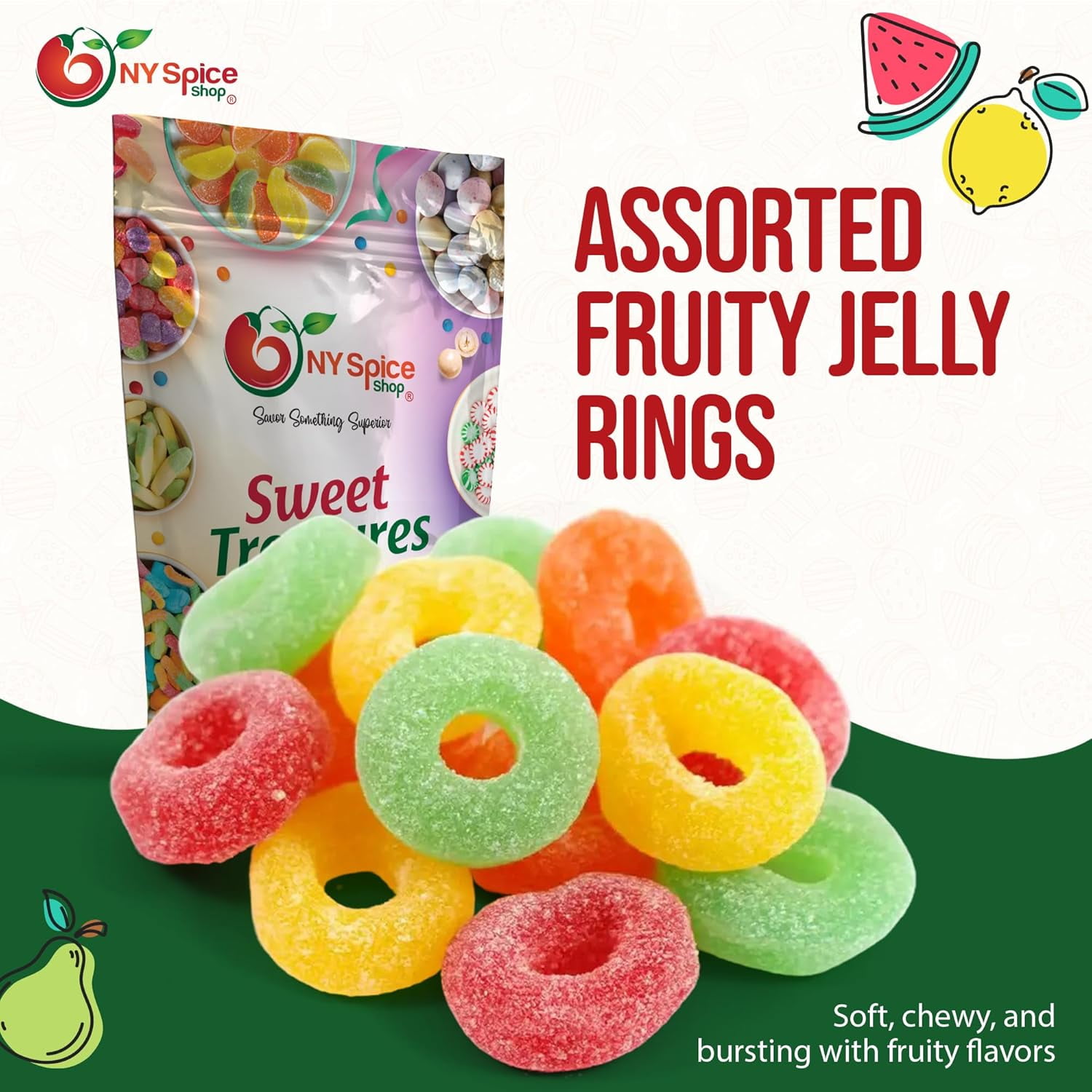 NY SPICE SHOP Assorted Fruit Jelly Rings Candy - 3 Pound - Fruit Jelly Rings - Assorted Jelly Candy Rings - Fruit Flavored Jelly Rings - Sugar Coated Jelly Rings - Mixed Fruit Jelly Rings