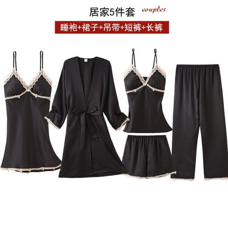 

PIKADINGNIS 5PCS Robe&gown Set Women Lace Trim Satin Sleepwear Pyjamas Summer Bridal Wedding Nightwear Casual Home Wear Kimono Best Friend