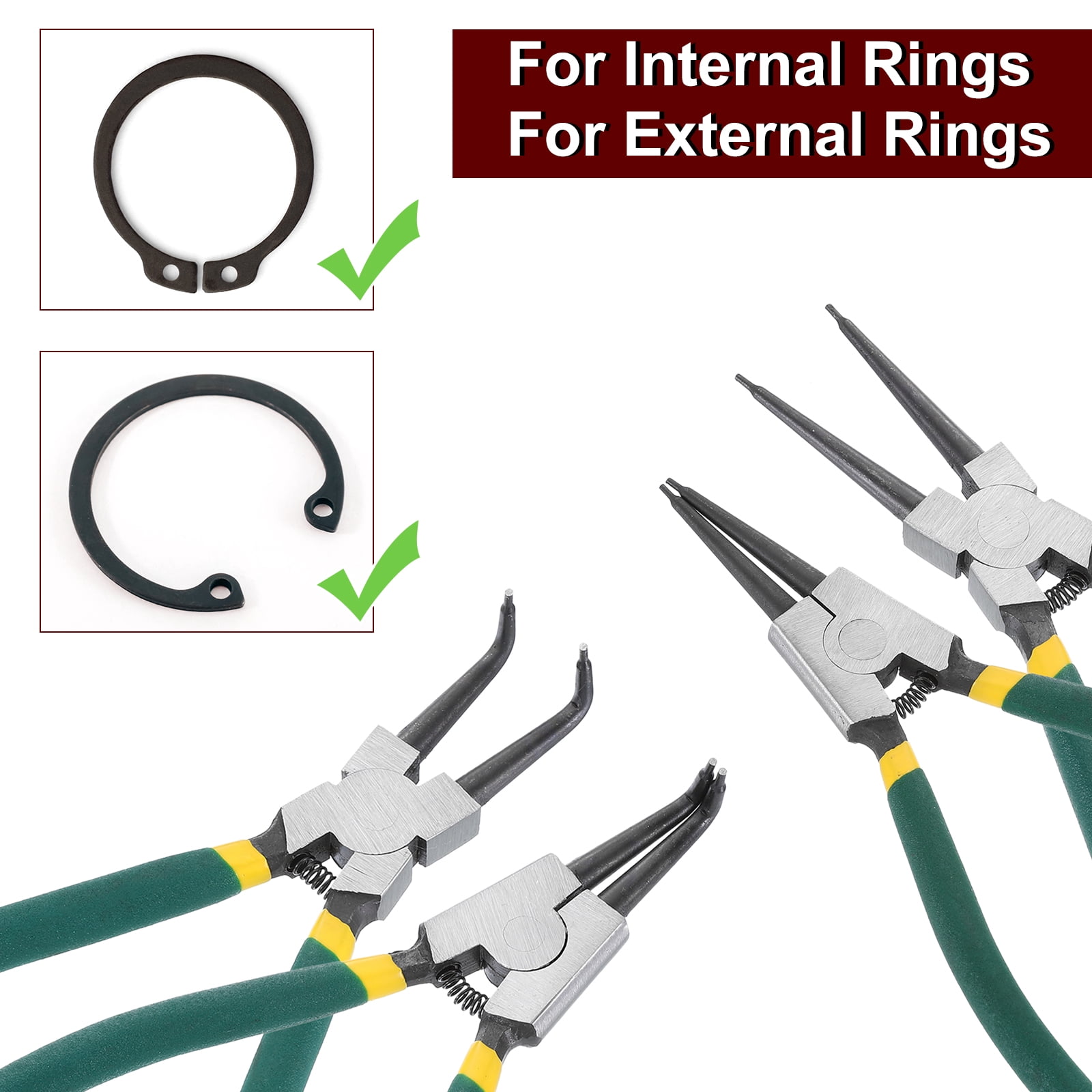 4pcs Snap Ring Plier Set 7" Internal & External Circlip Pliers with 0.08" Straight/Bent Jaw Tip with Case for Ring Remove Retaining Pliers, Green