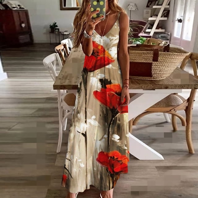 SMihono Robe Maxi Bohème d'Été pour Femmes Grande Taille Mode Femme Bretelles Taille Mi-Haute Col en V Sans Manches Rayée Imprimée Robe Longue de Plage
