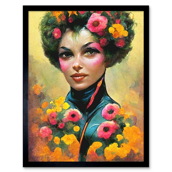 The Flower Girl Watercolour Pink Yellow Vibrant Fun Painting Art Print Framed Poster Wall Decor 12x16 inch