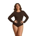 thumbnail image 2 of POSESHE Women's Plus Size Long Sleeve Bodysuit,Slim Fit Crew Neck Tops Cotton Bodysuit for Women,Brown,Size S, 2 of 8